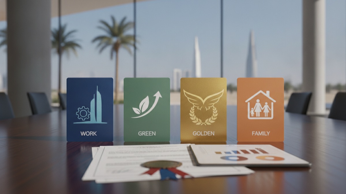Editorial illustration for UAE Residence Visas Compared: Work, Green, Golden, Family